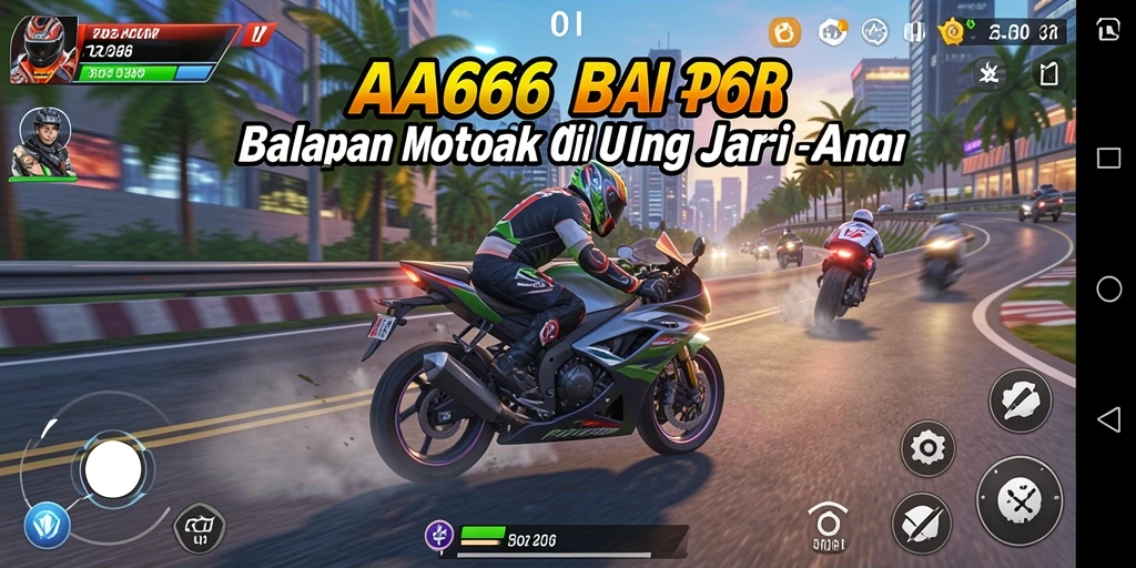 Screenshot gameplay AA666 menampilkan aksi balapan motor yang mendebarkan.