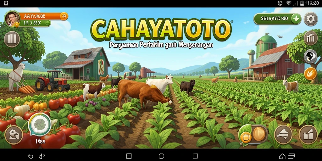 Screenshot permainan CAHAYATOTO menampilkan kebun subur dan aktivitas berkebun.
