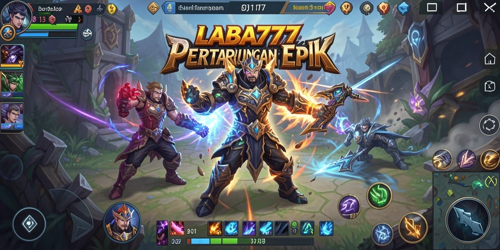 Screenshot LABA777 menampilkan karakter hero bertarung dalam arena MOBA.