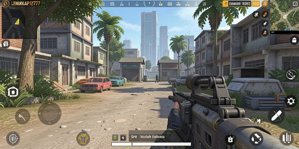 Screenshot LENGKAP777 menampilkan aksi pertempuran seru dalam gameplay TPS.