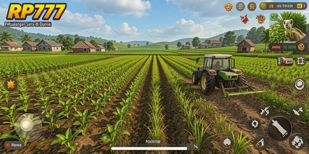 Screenshot gameplay RP777 menunjukkan keindahan pertanian dan hasil panen.