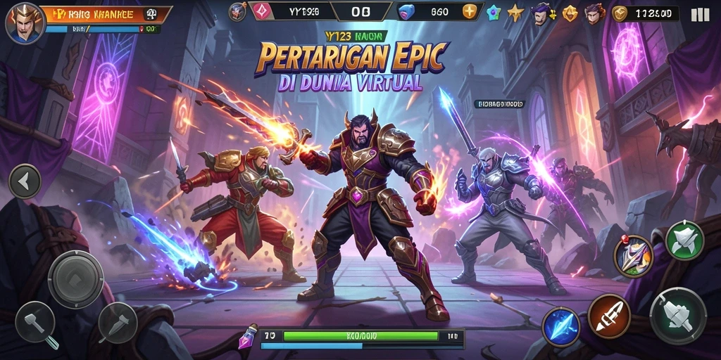 Gameplay YY123 menampilkan pertarungan seru antara karakter dengan efek visual menarik.